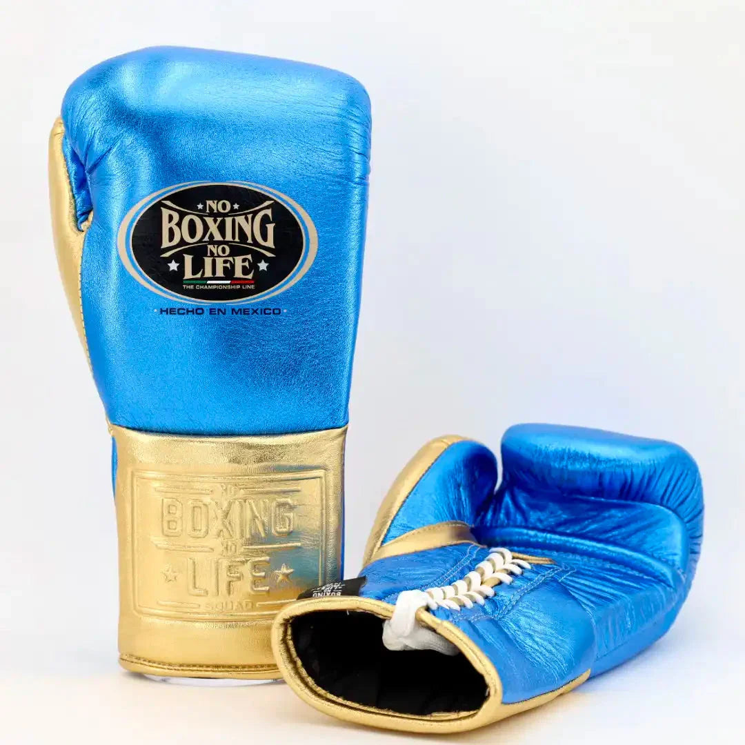 No Boxing No Life Blue & Gold Lace-Up Boxing Gloves Front Back View
